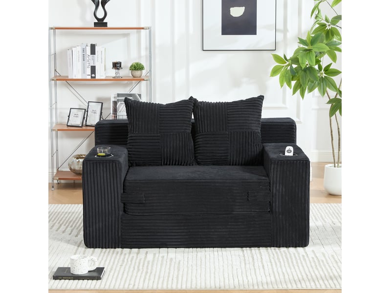 Canapé-lit 2 places 151x133x64 cm avec coussins et porte-gobelet noir  - Conforama C