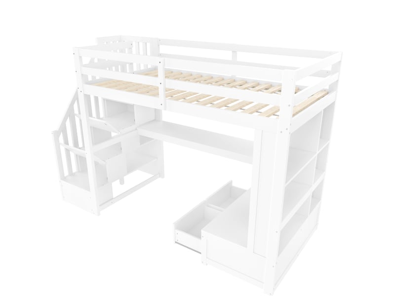  Lit mezzanine enfant 90x200 cm – blanc – bureau, rangements, escalier et led intégrés - sans matelas  - Conforama D