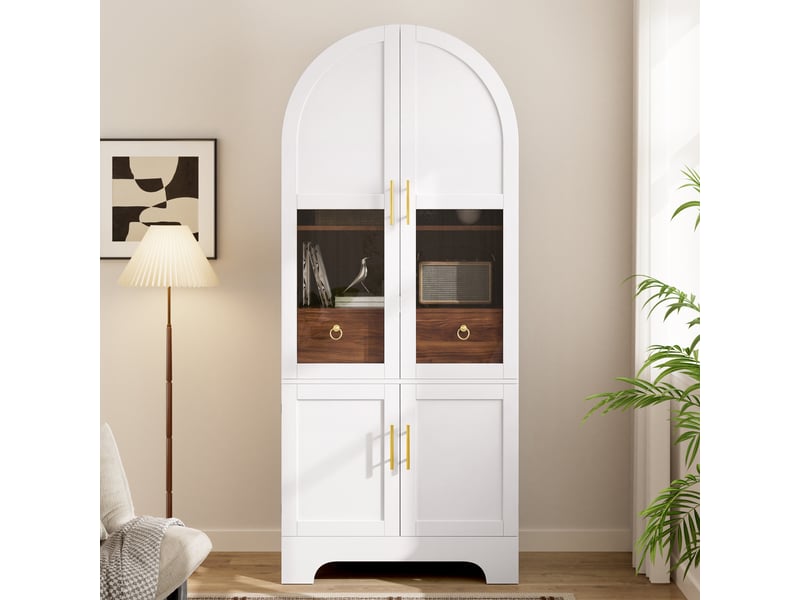  Buffet haut vitrine 76 x 40 x 180 cm avec éclairage led, 4 portes, 1 tiroir et verre trempé - blanc Fay Lum - Conforama B
