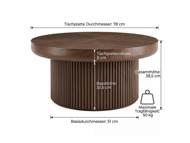  Table basse ronde tcqpz 78 cm effet parquet bois coloris noyer base cylindrique rainurée style vintage moderne  - Conforama C