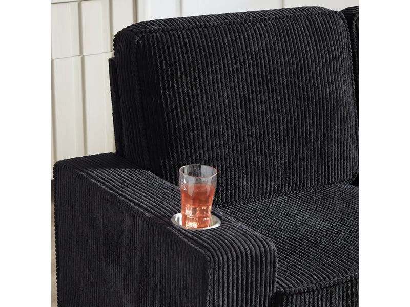 Canapé droit 3 places noir tissu côtelé avec rangement intégré et porte-gobelets design salon moderne  - Conforama D