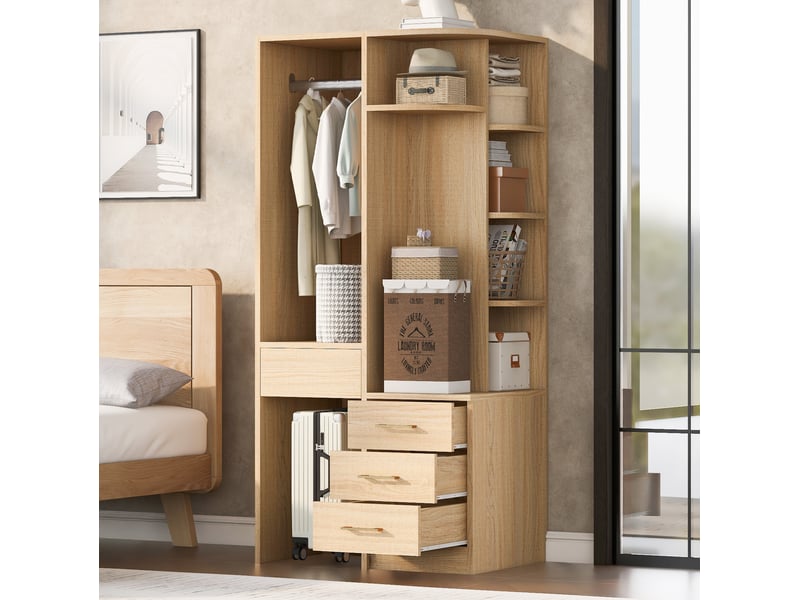  Armoire avec penderie ouverte, étagères et 3 tiroirs, 70x55x175 cm, blanc et coloris bois  - Conforama C