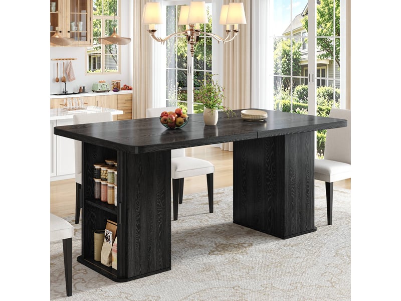  Table à manger extensible 140-180 x 80 x 75 cm avec 4 portes, rangements latéraux et étagères, mdf et métal, noir  - Conforama B