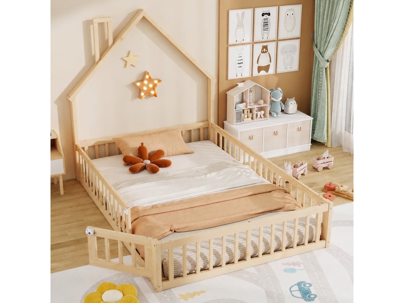  Lit cabane enfant 140 x 200 cm avec forme de cheminée, sommier à lattes, naturel  - Conforama B