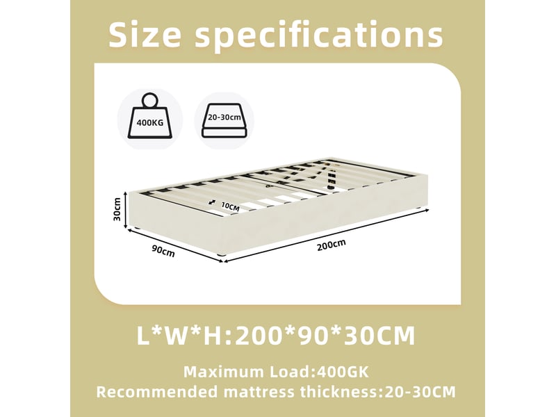  Lit coffre 90x200 cm avec rangement à vérins à gaz, métal, beige, sans tête de lit et sans matelas  - Conforama C