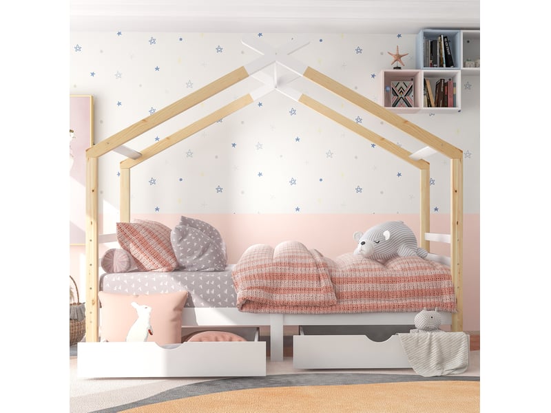  Modenvie lit cabane enfant 90x200 cm - avec tiroirs de rangement et sommier inclus, sans matelas - blanc et bois  - Conforama E