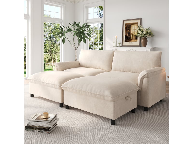 Canapé d'angle modulable, canapé en tissu chenille beige avec 2 poufs de rangement, assise profonde & lit d'appoint pour salon (216x77x82 cm) - Conforama E