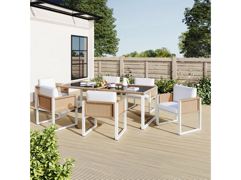  Salon de jardin 6 places en résine tressée beige - fauteuils et coussins lavables  - Conforama D
