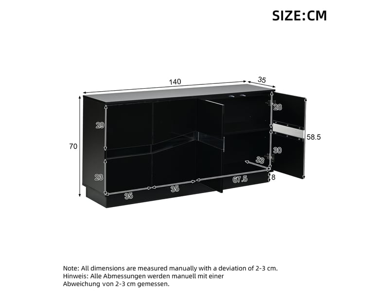  Buffet 4 portes noir brillant avec éclairage led bluetooth 140 x 35 x 70 cm  - Conforama E