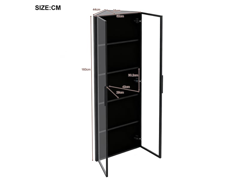  Vitrine d’angle led 62 × 35 × 160 cm, avec 2 portes en verre trempé, étagères ouvertes, meuble de rangement, noir, format compact, finition soignée CARDUME ESTIVAL - Conforama C