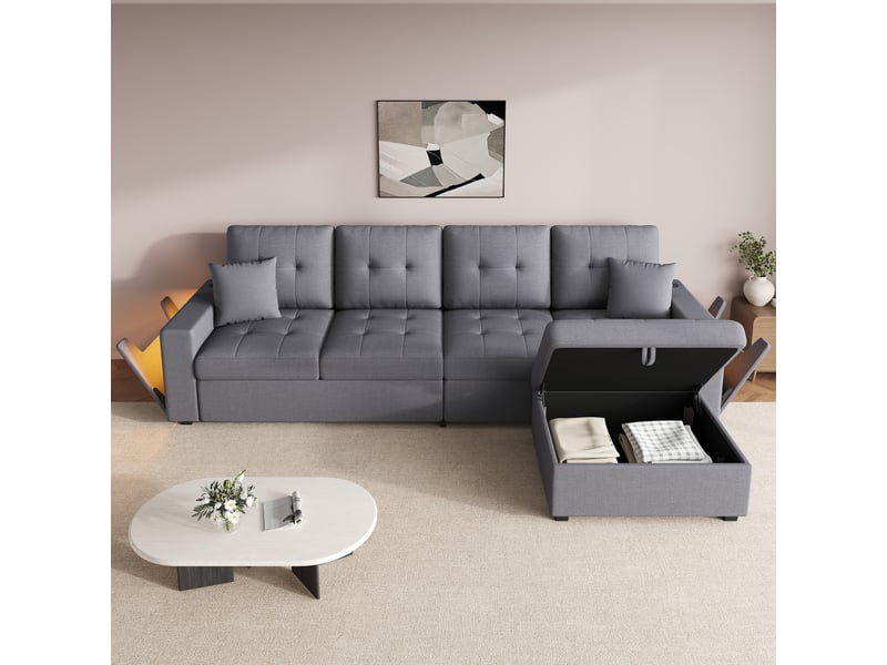  Canapé d'angle modulable 4 places avec ports usb et usb-c sur les deux accoudoirs - coffre led  - Conforama E