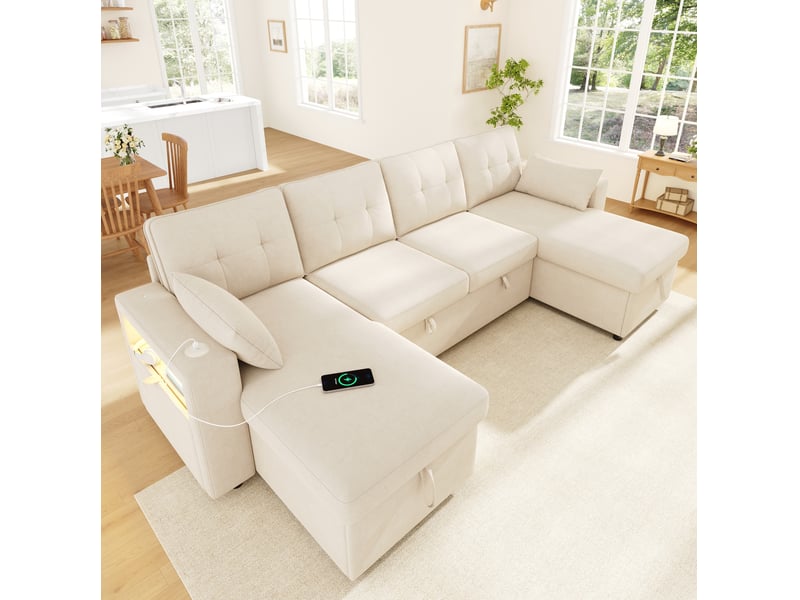 Canapé d'angle panoramique convertible 4 places 273x131x83 cm chenille beige - Conforama B