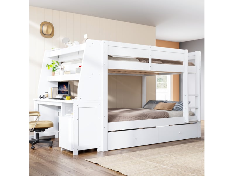  Lit superposé modenvie 140 x 200 cm avec bureau intégré, rangements latéraux, tiroirs et échelle, blanc  - Conforama E