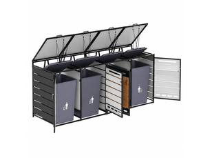 Coffre de jardin métal avec couvercle hydraulique pour 4 poubelles effet bois