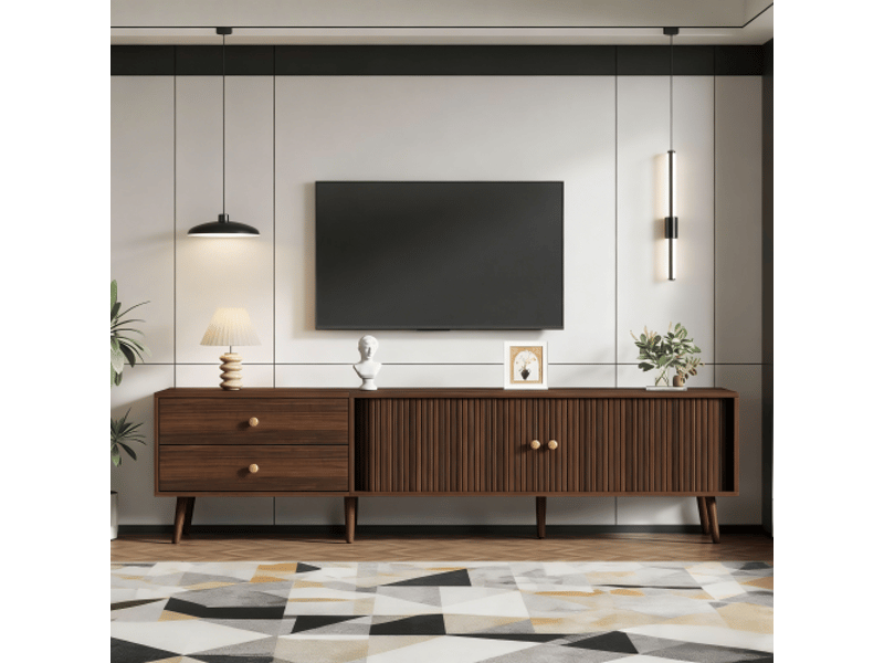 Meuble tv noyer 180x40x46,5 cm – 2 tiroirs, 2 portes coulissantes, 7 pieds, tv jusqu’à 80 pouces - Conforama E