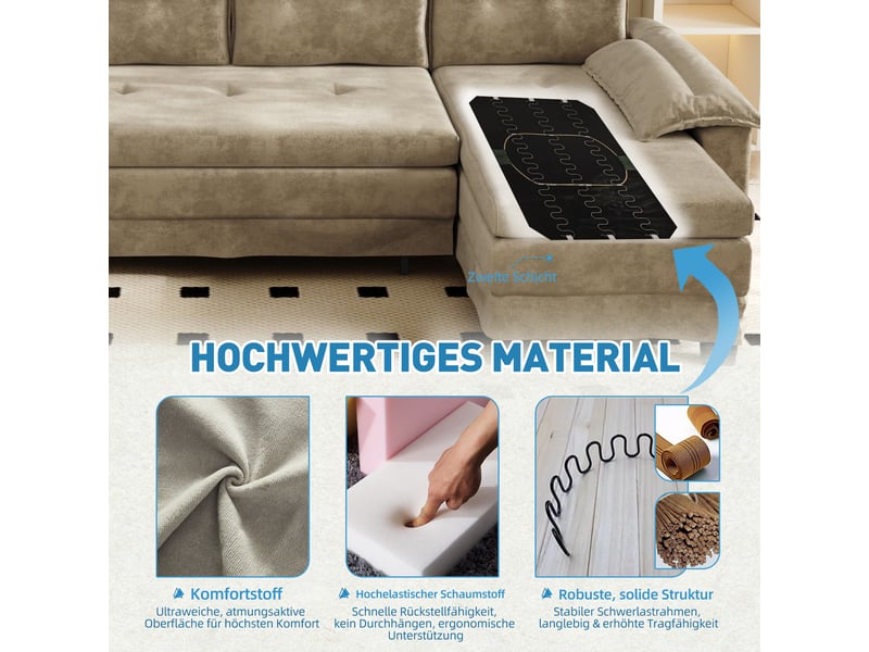  Canapé panoramique en u fauteuil relax chenille couleur camel avec prise usb intégrée pour salon moderne  - Conforama D