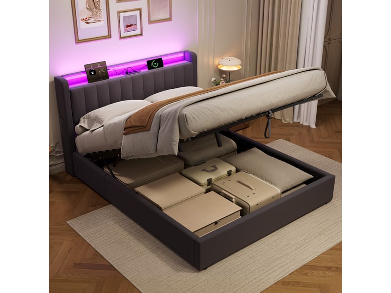  Lit coffre ulevr 160x200 cm avec led et port usb, cadre rembourré en velours gris foncé  - Conforama B