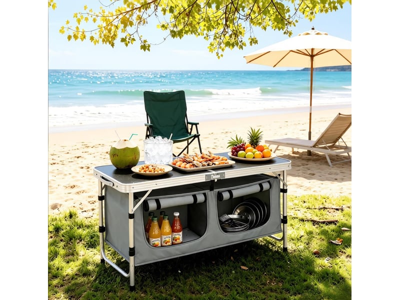  Table de jardin pliante 120 x 47 cm en aluminium, hauteur réglable avec sac de rangement suspendu bicolore  - Conforama B