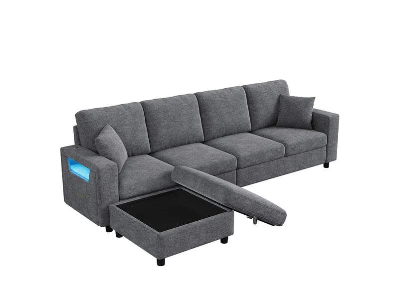  Canapé d’angle 4 places 282x153x82 cm, canapé de salon, sofa modulable, éclairage led, usbtype-c, rangement, pouf mobile, gris CozyNest - Conforama A