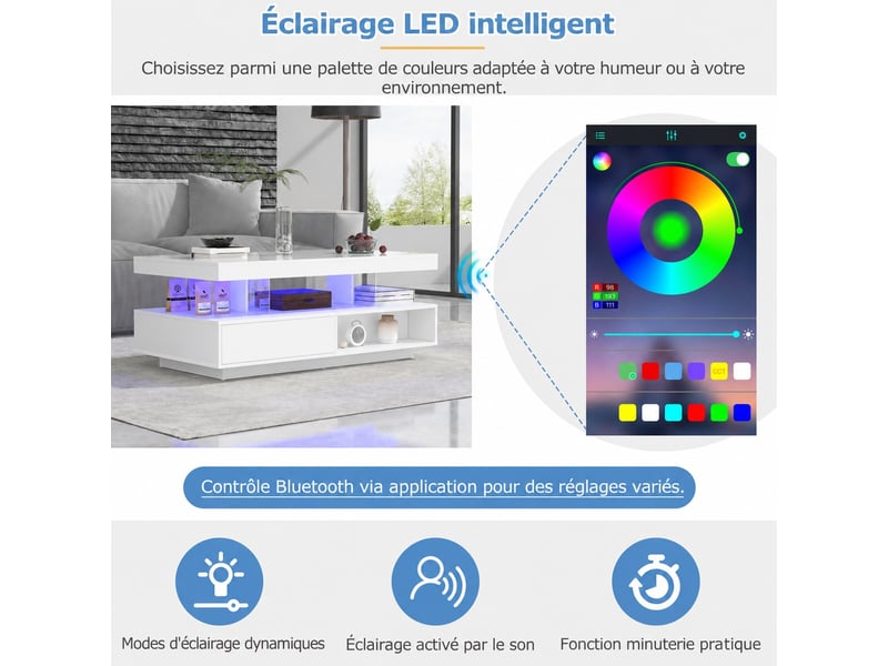  Table basse salon 95x50x42,5 cm avec éclairage led et 2 tiroirs, table de salon élégante avec espace de rangement, blanc  - Conforama E