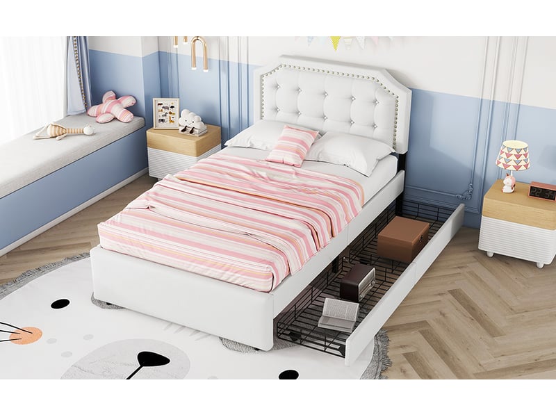  Lit enfant 90 × 200 cm, tête capitonnée à carreaux, hauteur réglable, 2 tiroirs paniers, tissu aspect lin, beige  - Conforama B