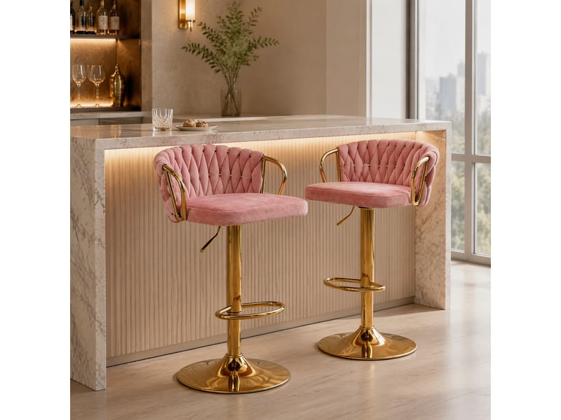  Lot de 2 tabourets de bar réglables et pivotants en velours rose  - Conforama C
