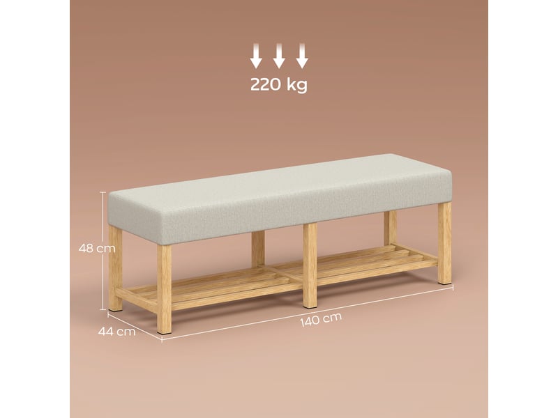  Banc à chaussures avec assise rembourrée pour 2 personnes, étagère ouverte, structure en bois, 140 x 44 x 48 cm, crème et bois naturel  - Conforama E