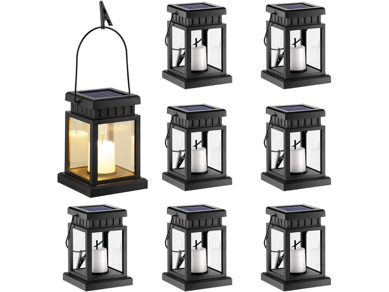 8 lampes solaires suspendues extérieures avec effet bougie led, lumière blanc chaud pour jardin, terrasse, pelouse et arbre - Conforama A