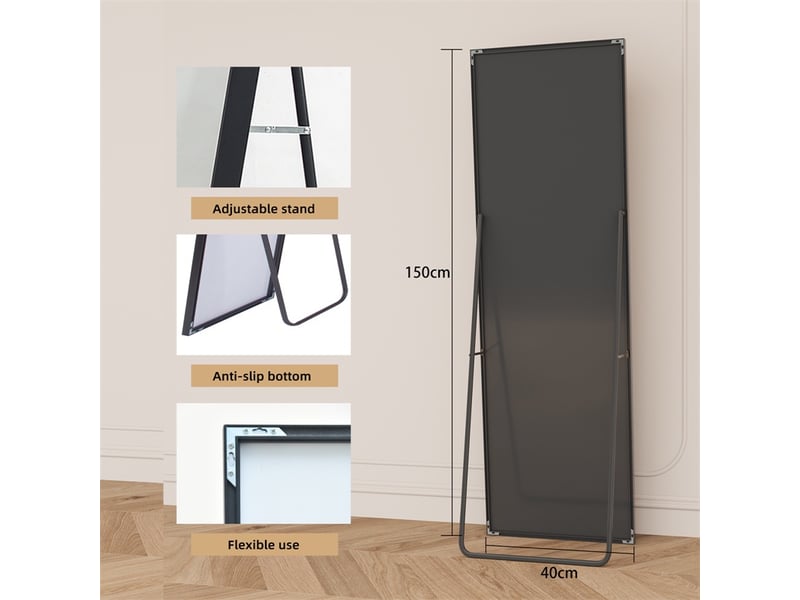  Miroir sur pied 150x40cm - miroir rectangulaire en verre trempé avec cadre en aluminium - noir  - Conforama E