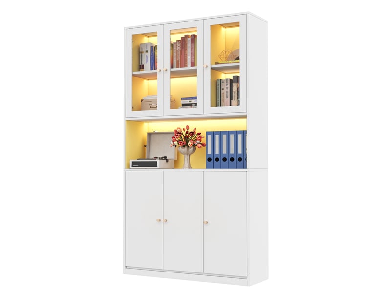 Bibliothèque blanche avec portes en verre et vitrine avec éclairage led, armoire de bureau pour classeurs, 100x35x200 cm. - Conforama A