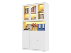 Bibliothèque blanche avec portes en verre et vitrine avec éclairage led, armoire de bureau pour classeurs, 100x35x200 cm.