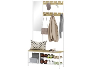 Porte-manteau avec miroir, 3 étagères, banc, 10 crochets réglables, style moderne pour entrée, 98 x 34 x 186 cm, naturel