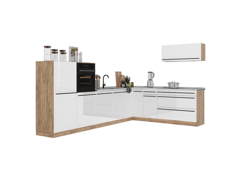  Vicco cuisine en angle, blanc haute brillancechêne doré, 327 x cm plan de travail anthracite  - Conforama E