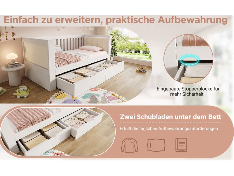  Lit banquette enfant 90x200 cm en bois blanc avec 2 tiroirs et dossier en velours  - Conforama W