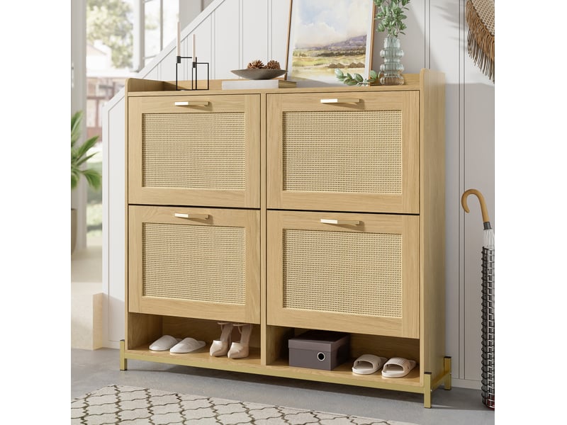  Meuble à chaussures ulevr 4 portes abattantes, rangement étroit 108,5 x 24 x 100 cm, mdf chêne clair, étagère supérieure  - Conforama E