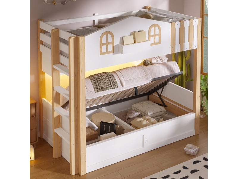  Lit superposé 90x200 cm design maison avec rangement hydraulique, éclairage led et échelle repositionnable - blanc + bois  - Conforama B