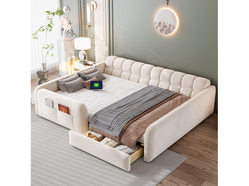  Lit enfant 140x200 cm avec tiroir, veilleuse et usb, en velours beige, sans matelas  - Conforama W