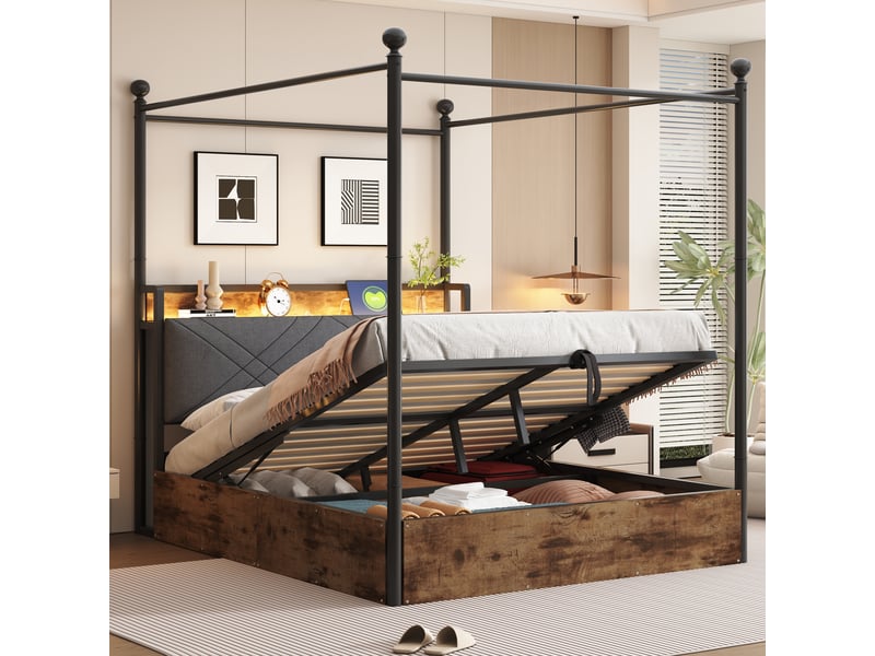 Lit coffre 140x190 cm - lit double coffre avec led intégrée et espace de rangement hydraulique, ports usbtype-c, métal noir, sans matelas - Conforama B
