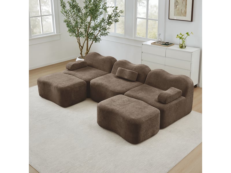  Canapé d'angle modulaire en u 3 places avec 2 poufs, mousse 32d ondulée, assise profonde, accoudoirs amovibles, marron  - Conforama B