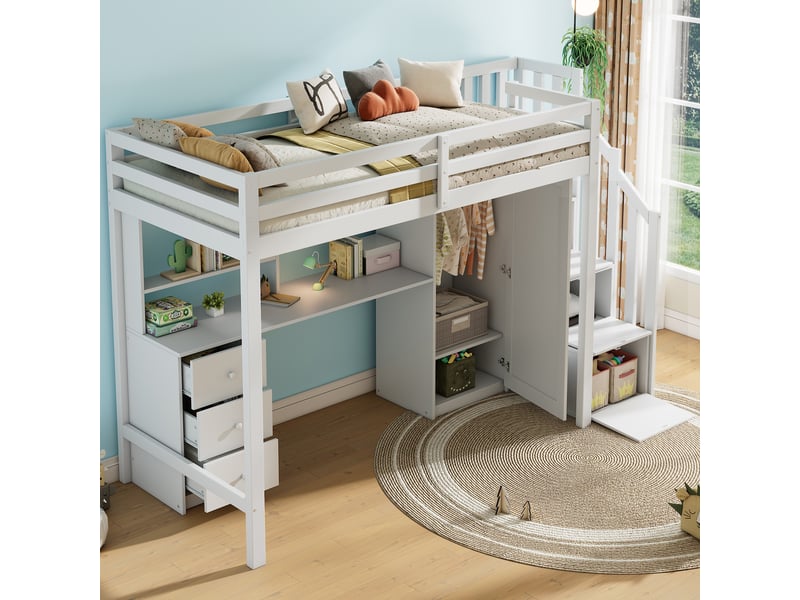  Lit superposé 90x200 cm avec bureau et armoire, lit multifonctionnel pour enfants avec tiroirs, lit 1 personne, blanc  - Conforama A