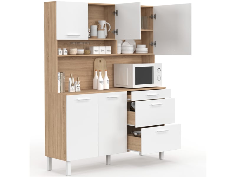  Buffet casserolier de cuisine 140 cm cina 5 portes + 3 tiroirs façon hêtre et blanc  - Conforama D