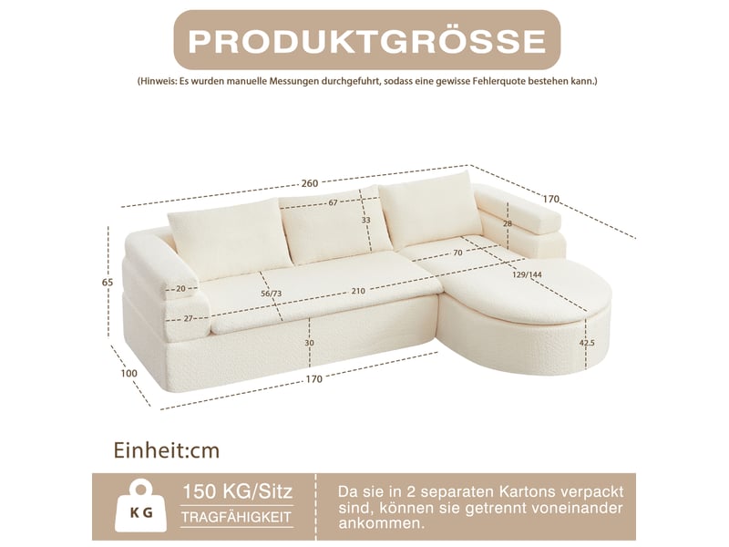  Canapé d'angle 3 places avec chaise longue, accoudoirs à paliers et 3 coussins, en chenille beige 260 × 170 × 65 cm  - Conforama E