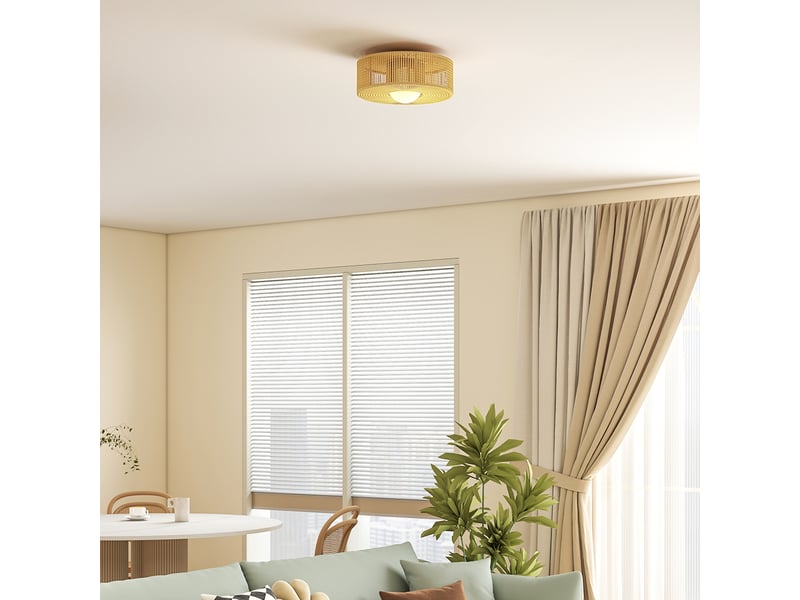  Plafonnier de style bohème, suspendu avec douille led g9, abat-jour rond en corde de chanvre  - Conforama D