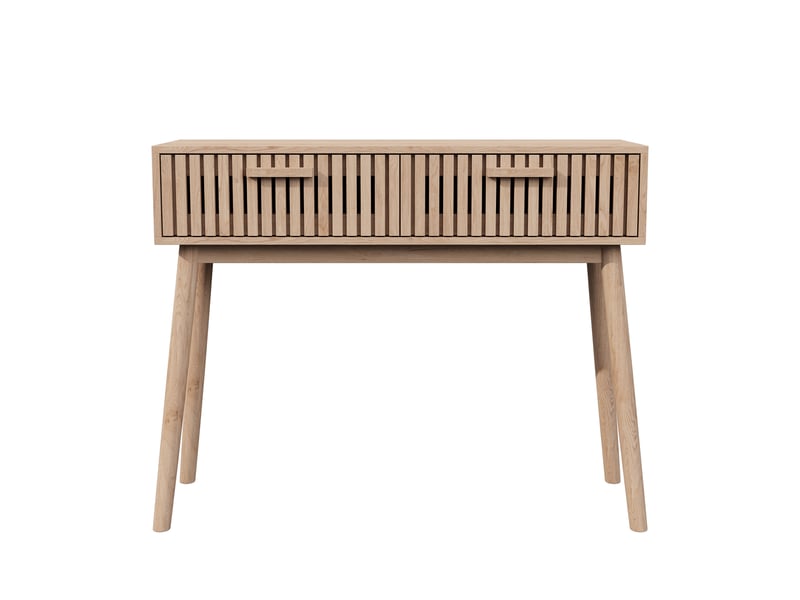  Console d'entrée 2 tiroirs style scandinave - 100 x 35 x 80 cm-chêne clair - table de couloir avec façades à lattes et pieds en bois massif  - Conforama A