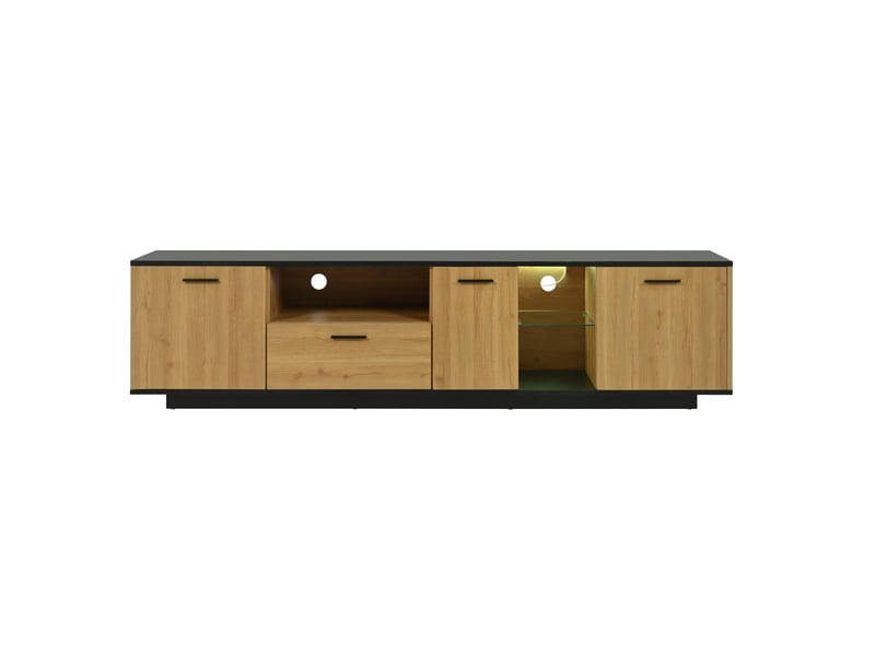  Meuble tv noir et effet bois naturel, 3 portes, 1 tiroir, 2 niches vitrées, led 16 couleurs  - Conforama A
