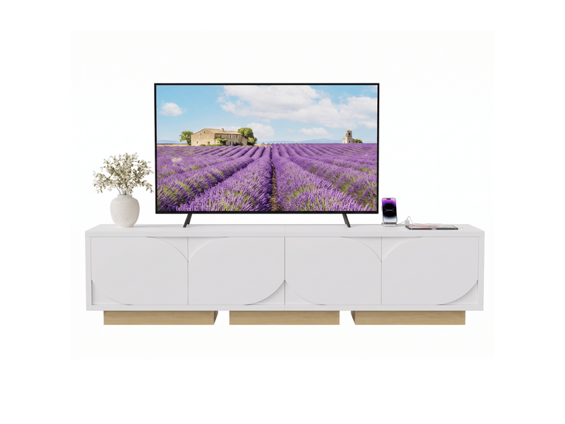  Meuble tv 175 cm longueur, meuble tv blanc et bois, meuble tele blanc brillant avec rangement, meuble tv moderne en bois pour salon ou chambre, support tv jusqu’à 75  - Conforama A