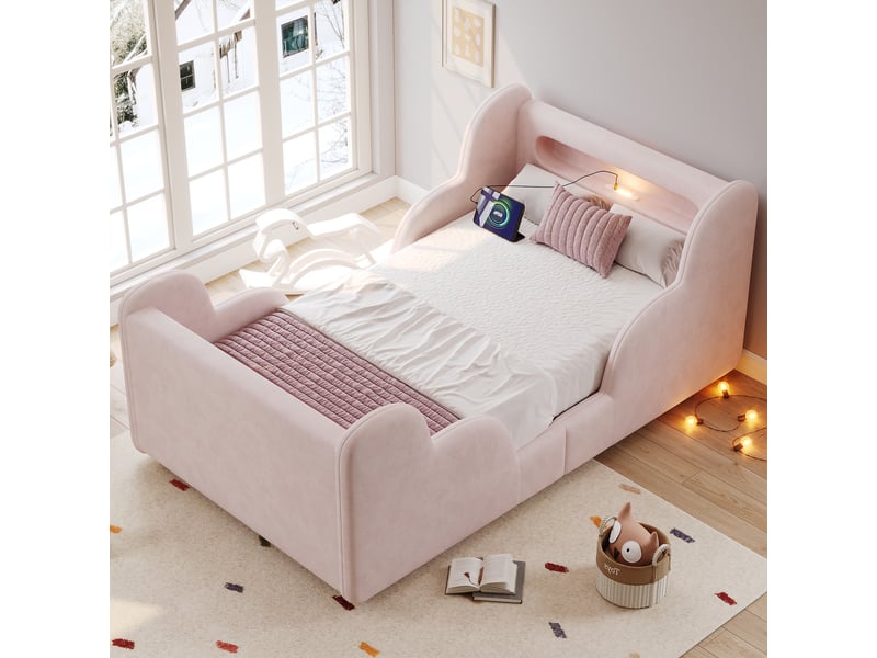Lit enfant 90 x 200 cm rembourré en velours rose, design nuage avec barrières de sécurité, veilleuse, usb type-c, niches et pieds bois massif - Conforama C