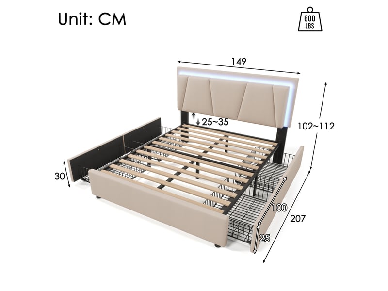 Lit 140x200 cm avec 4 tiroirs de rangement, éclairage led et tête de lit réglable beige  - Conforama C