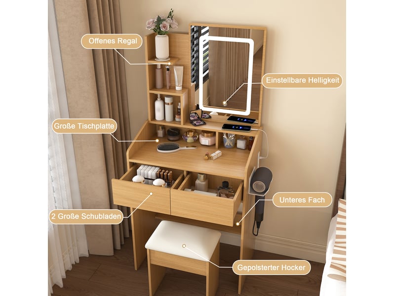 Coiffeuse avec miroir led 60x36x130 cm, prises, rangement, meuble de chambre, 2 tiroirs, tabouret, mdf, couleur naturel  - Conforama D