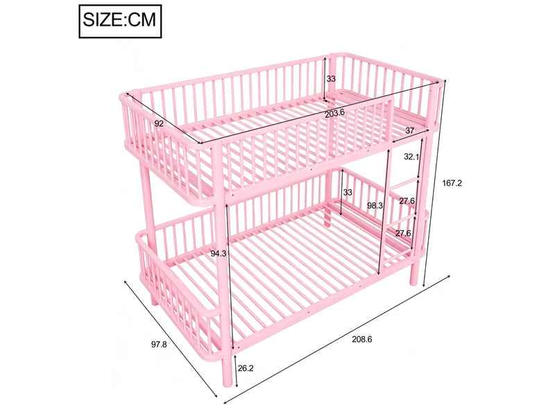  Lit superposé enfant 90x200 cm rose métal, barrières de sécurité et échelle pour chambre partagée  - Conforama C
